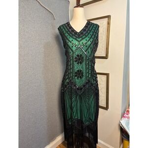 BABEYOND Green Black Sequin Fringe Flapper Dress Gatsby Art Deco 1920s NWT 2XL